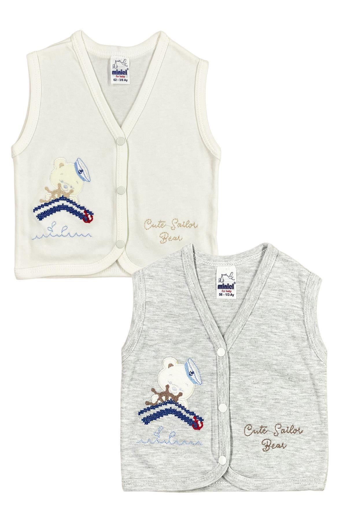 Erkek Bebek Kaptan Ayıcık Nakışlı Organik Pamuklu 3-6-9 Ay 2li Penye Bebek Yelek - Gri 6-9 Ay - GRİ