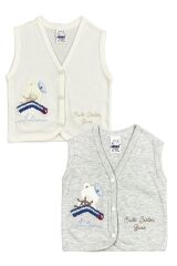 Erkek Bebek Kaptan Ayıcık Nakışlı Organik Pamuklu 3-6-9 Ay 2li Penye Bebek Yelek - Gri 6-9 Ay - GRİ