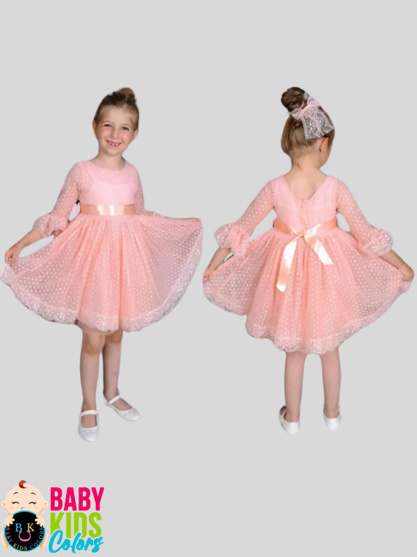 Tüllü benekli abiye Pudra