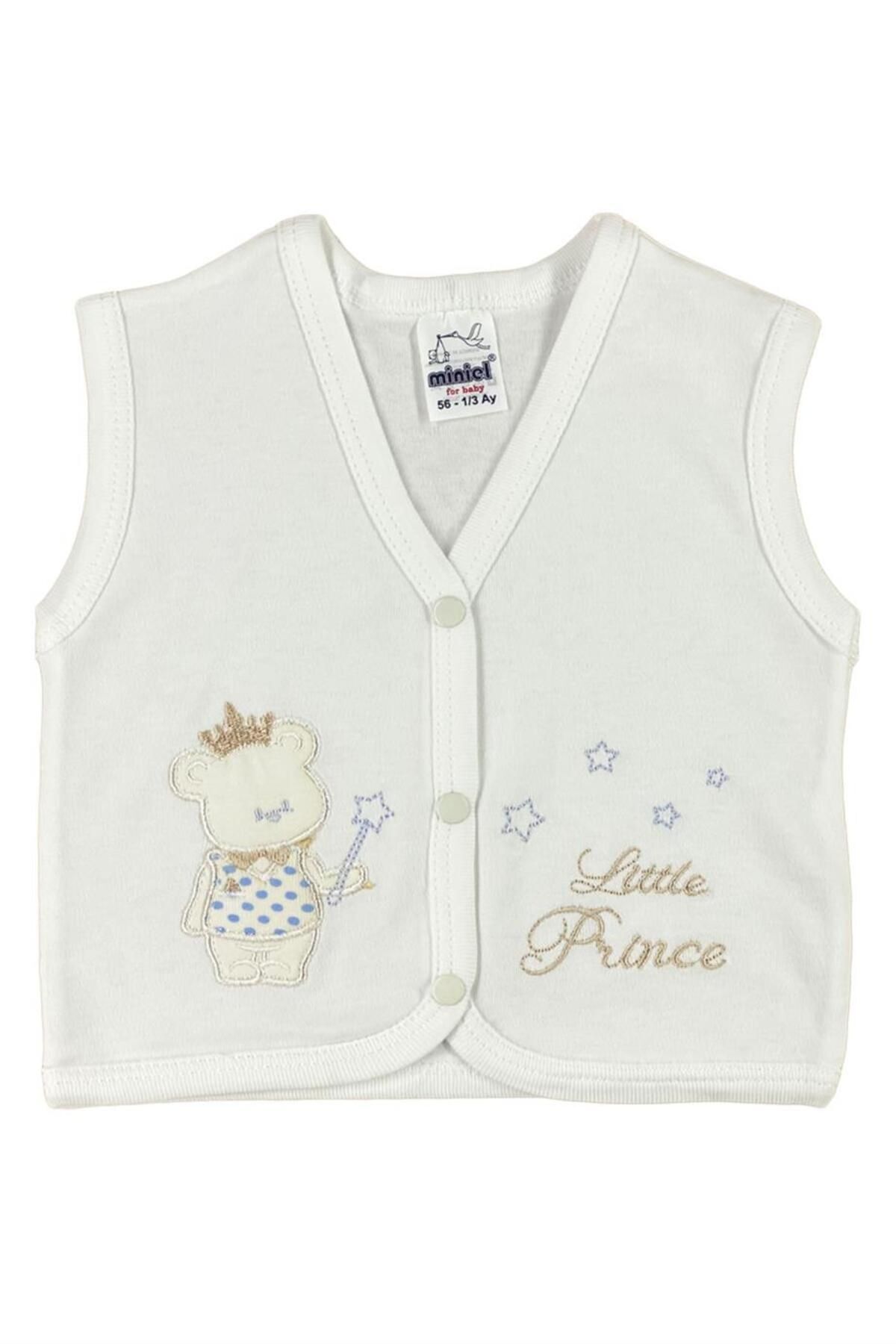 Erkek Bebek Prens Ayıcık Nakışlı Organik Pamuklu 3-6-9 Ay Penye Bebek Yelek - Gri 0-3 Ay - EKRU