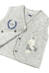 Erkek Bebek Simli Prens Ayıcık Nakışlı Organik Pamuklu 3-6-9 Ay Penye Bebek Yelek - Ekru 6-9 Ay - GRİ