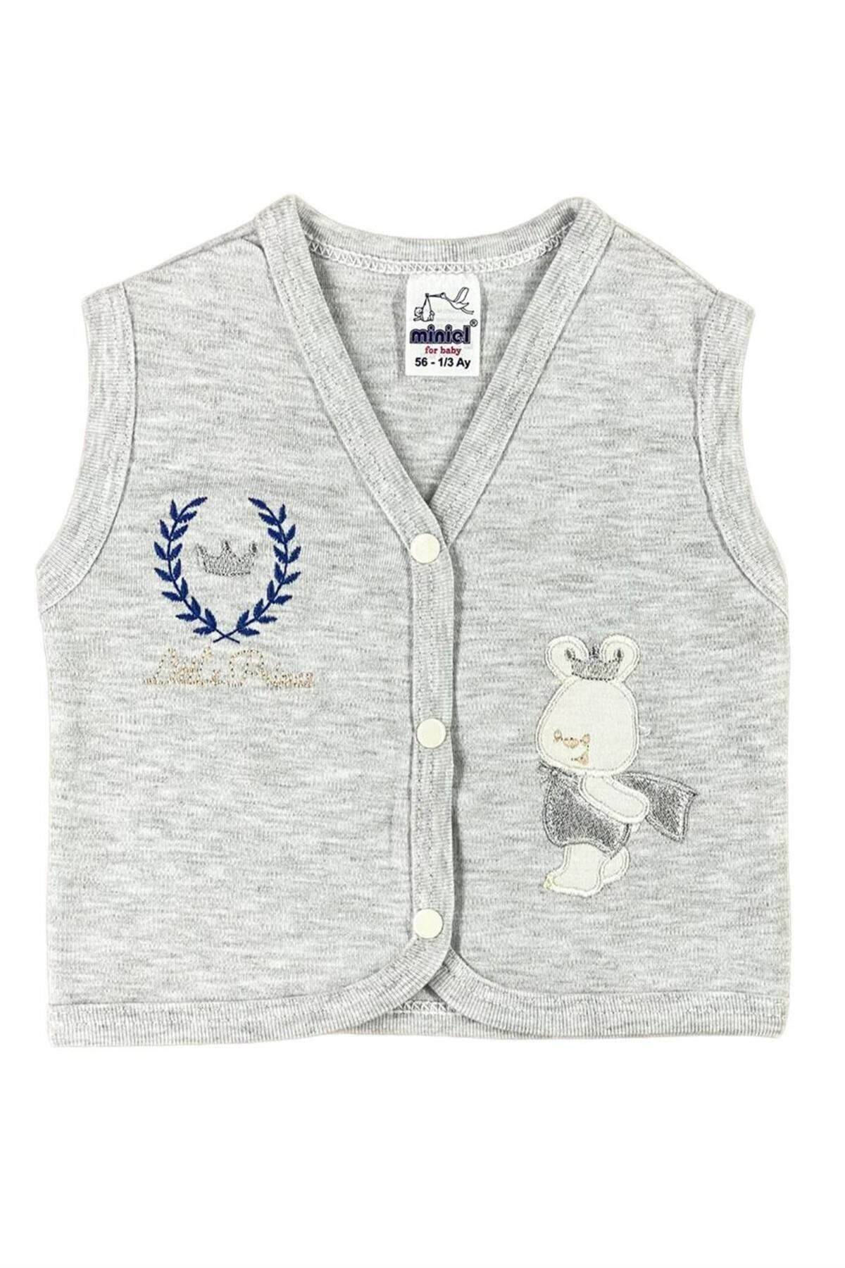 Erkek Bebek Simli Prens Ayıcık Nakışlı Organik Pamuklu 3-6-9 Ay Penye Bebek Yelek - Ekru 6-9 Ay - GRİ