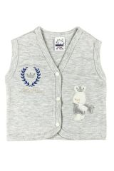 Erkek Bebek Simli Prens Ayıcık Nakışlı Organik Pamuklu 3-6-9 Ay Penye Bebek Yelek - Ekru 6-9 Ay - GRİ