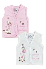 Erkek Bebek Zürafa Nakışlı Organik Pamuklu 3-6-9 Ay 2li Penye Bebek Yelek - Gri 0-3 AY - PEMBE