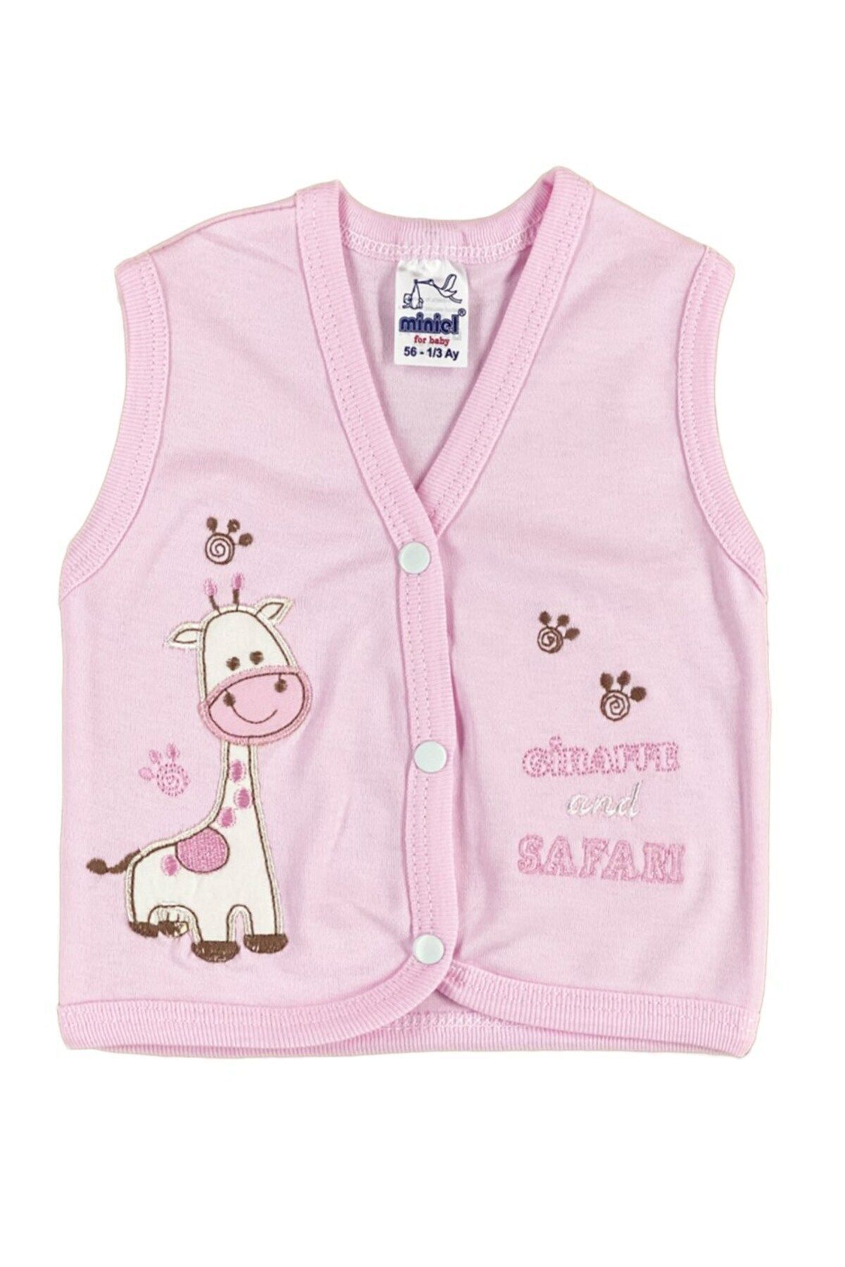 Erkek Bebek Zürafa Nakışlı Organik Pamuklu 3-6-9 Ay Penye Bebek Yelek - Mavi 3-6 AY - PEMBE