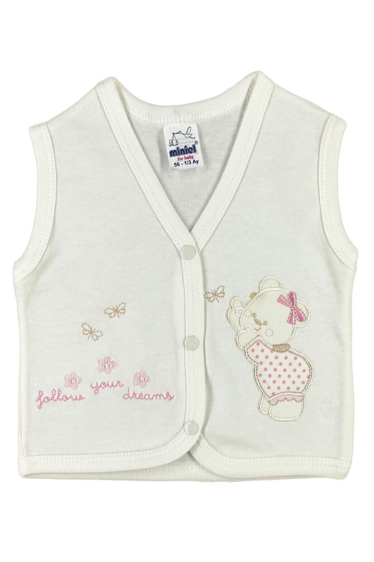 Kız Bebek Ayıcık Nakışlı Organik Pamuklu 3-6-9 Ay Penye Bebek Yelek - Ekru 0-3 AY - EKRU