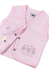 Kız Bebek Ayıcık Nakışlı Organik Pamuklu 3-6-9 Ay Penye Bebek Yelek - Ekru 3-6 AY - PEMBE