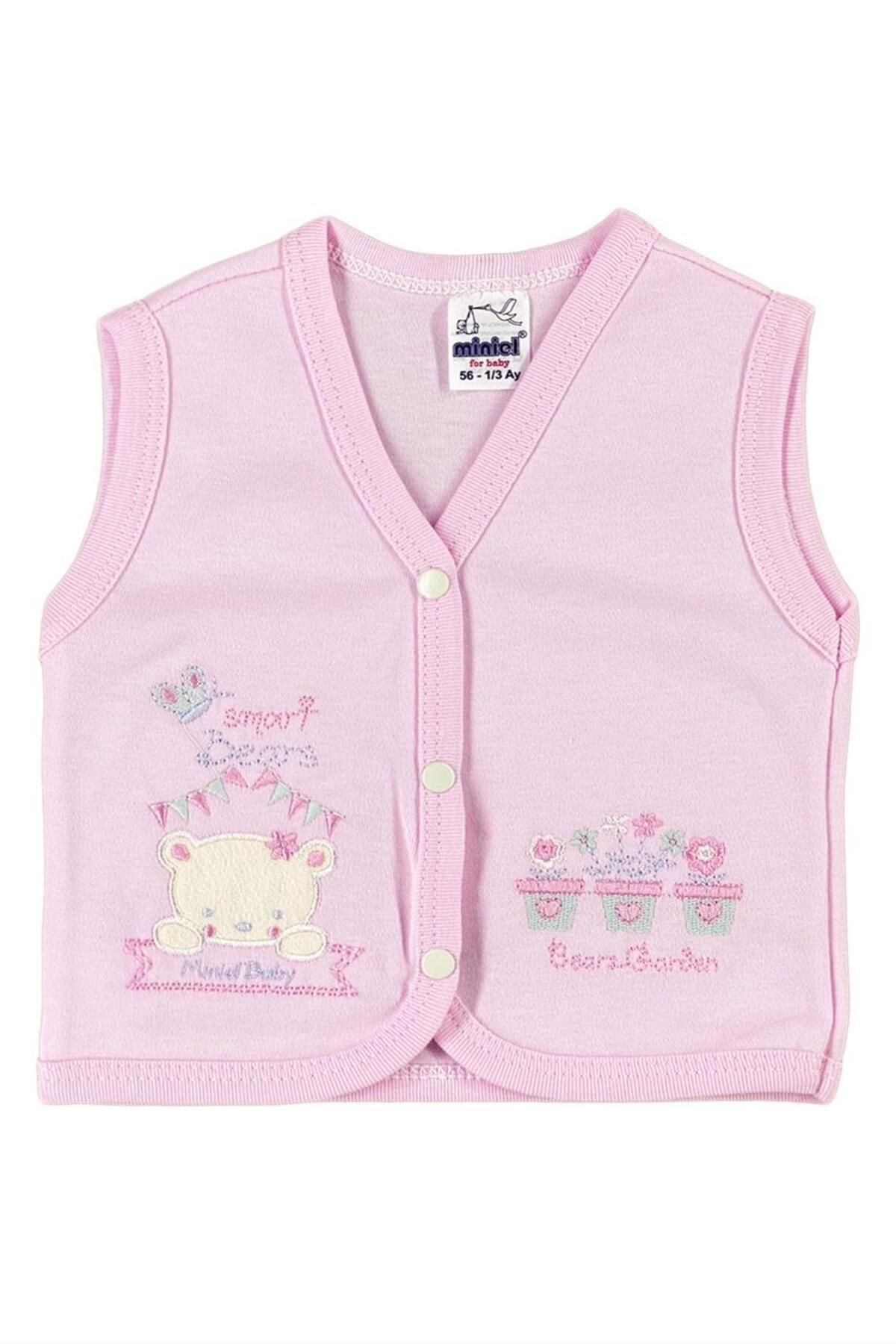 Kız Bebek Ayıcık Nakışlı Organik Pamuklu 3-6-9 Ay Penye Bebek Yelek - Ekru 3-6 AY - PEMBE