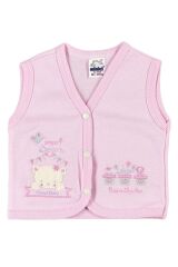 Kız Bebek Ayıcık Nakışlı Organik Pamuklu 3-6-9 Ay Penye Bebek Yelek - Ekru 3-6 AY - PEMBE