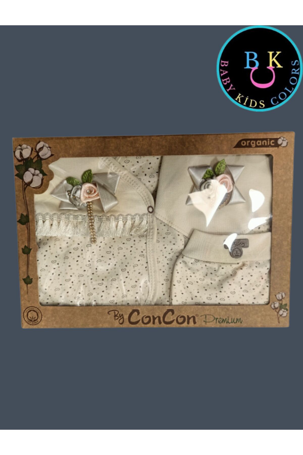 5 Parça Kutulu Sertifikalı Organik Saf Pamuklu Sevimli Hastane Çıkışı Set EKRU