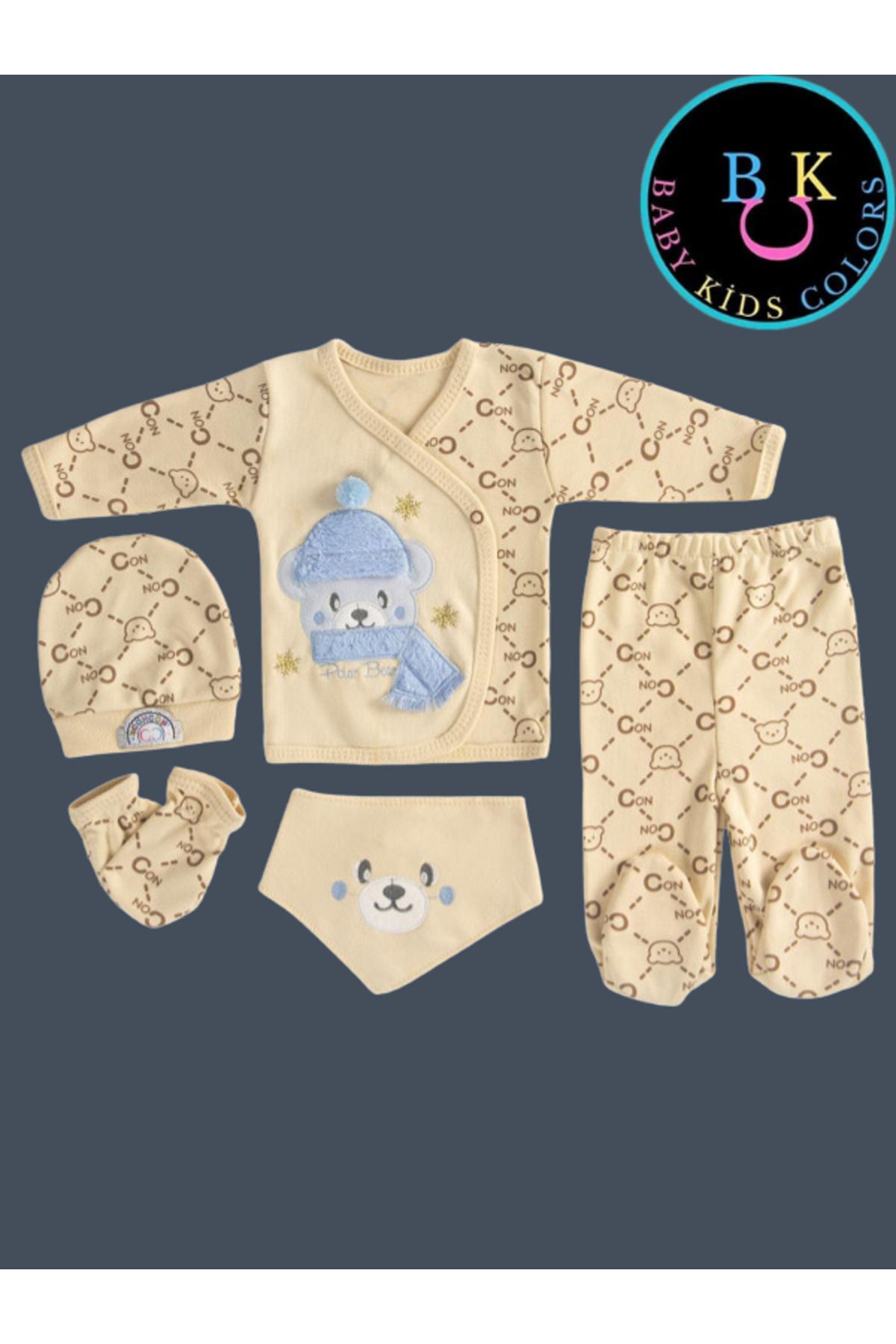 5 Parça Kutulu Sertifikalı Organik Saf Pamuklu Sevimli Hastane Çıkışı Set MAVİ