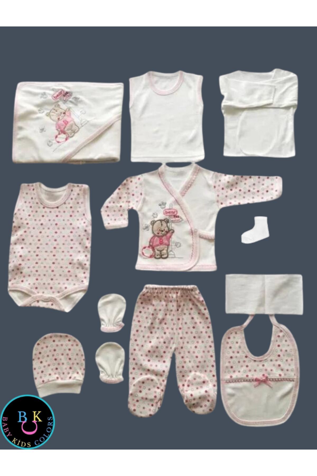 Yeni Doğan Çantalı Ayı Hastahane Çıkışı 11li Zıbın Seti Yeni Doğan - EKRU-PEMBE