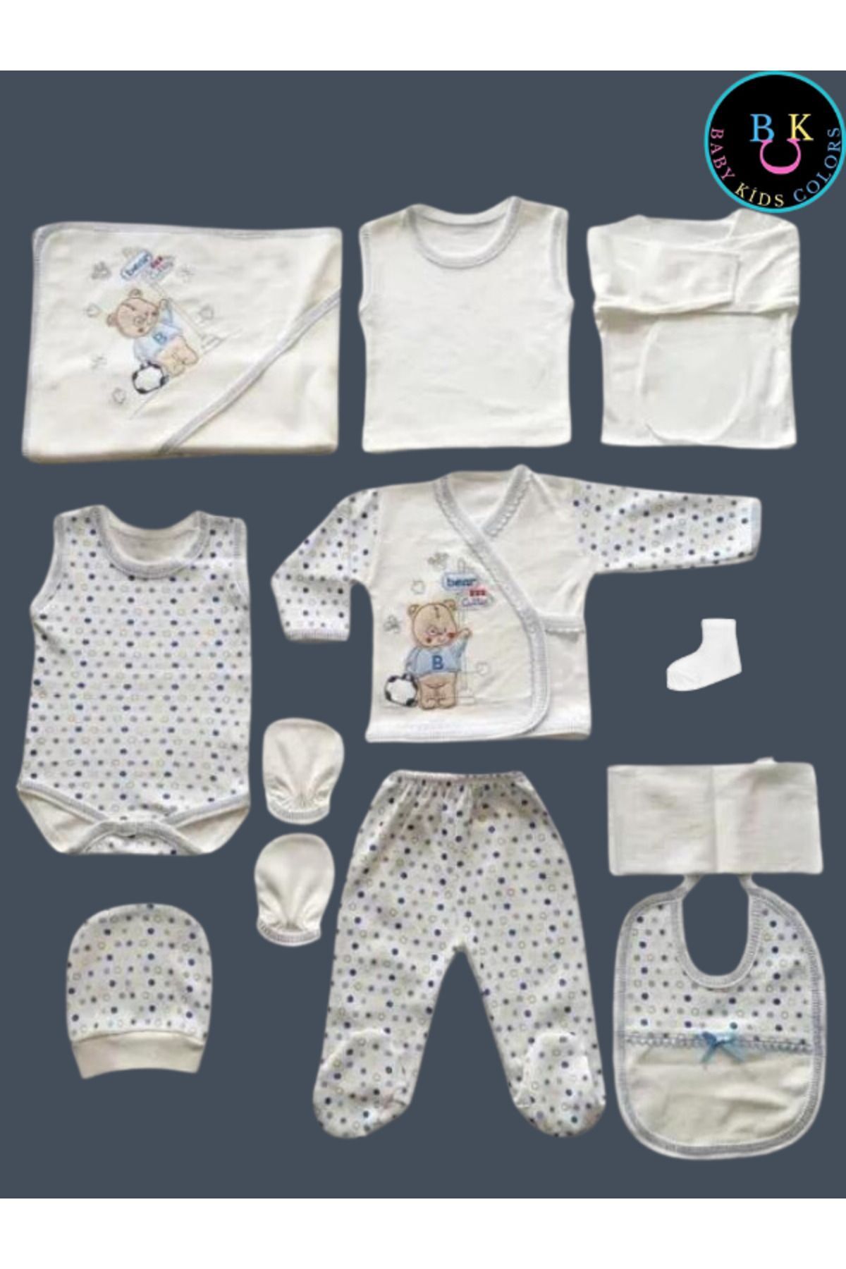 Yeni Doğan Çantalı Ayı Hastahane Çıkışı 11li Zıbın Seti Yeni Doğan - EKRU-MAVİ