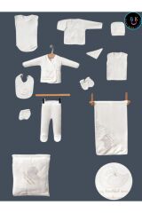 Unisex 11 Parca Yeni Doğan Hastane Çıkışı Zıbın Set Kuğu Nakışlı Yeni Doğan - KUĞU-EKRU