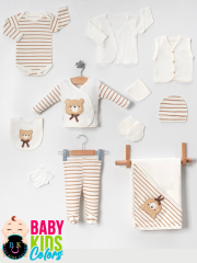 Hastahane çıkışı 11'li organik lüks anti alerjik yeni doğan zıbın seti Yeni Doğan - KAHVE ÇİZGİLİ