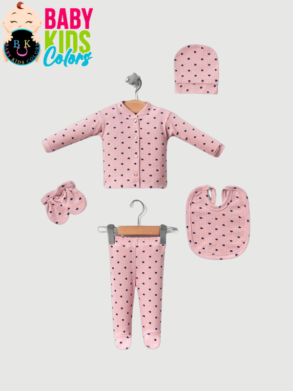 Fitilli Kumaşa 5'li Kalp Baskılı Hastahane Çıkışı Kutulu Yeni Doğan - PEMBE-LACİVERT