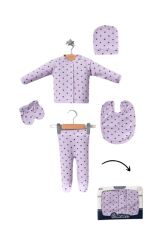 Fitilli Kumaşa 5'li Kalp Baskılı Hastahane Çıkışı Kutulu Yeni Doğan - LİLA-LACİVERT