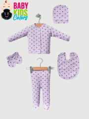 Fitilli Kumaşa 5'li Kalp Baskılı Hastahane Çıkışı Kutulu Yeni Doğan - LİLA-LACİVERT