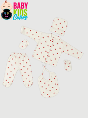 Fitilli Kumaşa 5'li Kalp Baskılı Hastahane Çıkışı Kutulu Yeni Doğan - EKRU-KIRMIZI