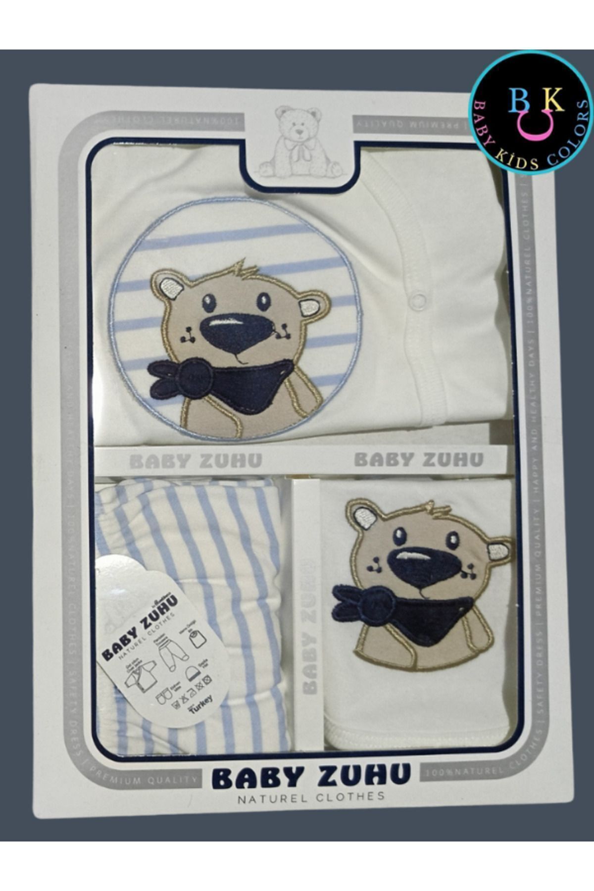 Florlu Ayı Nakışlı Organik Anti Bakteriyel Yeni Doğan Hastane Çıkış Zıbın Seti Yeni Doğan - MAVİ