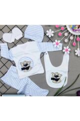 Florlu Ayı Nakışlı Organik Anti Bakteriyel Yeni Doğan Hastane Çıkış Zıbın Seti Yeni Doğan - MAVİ