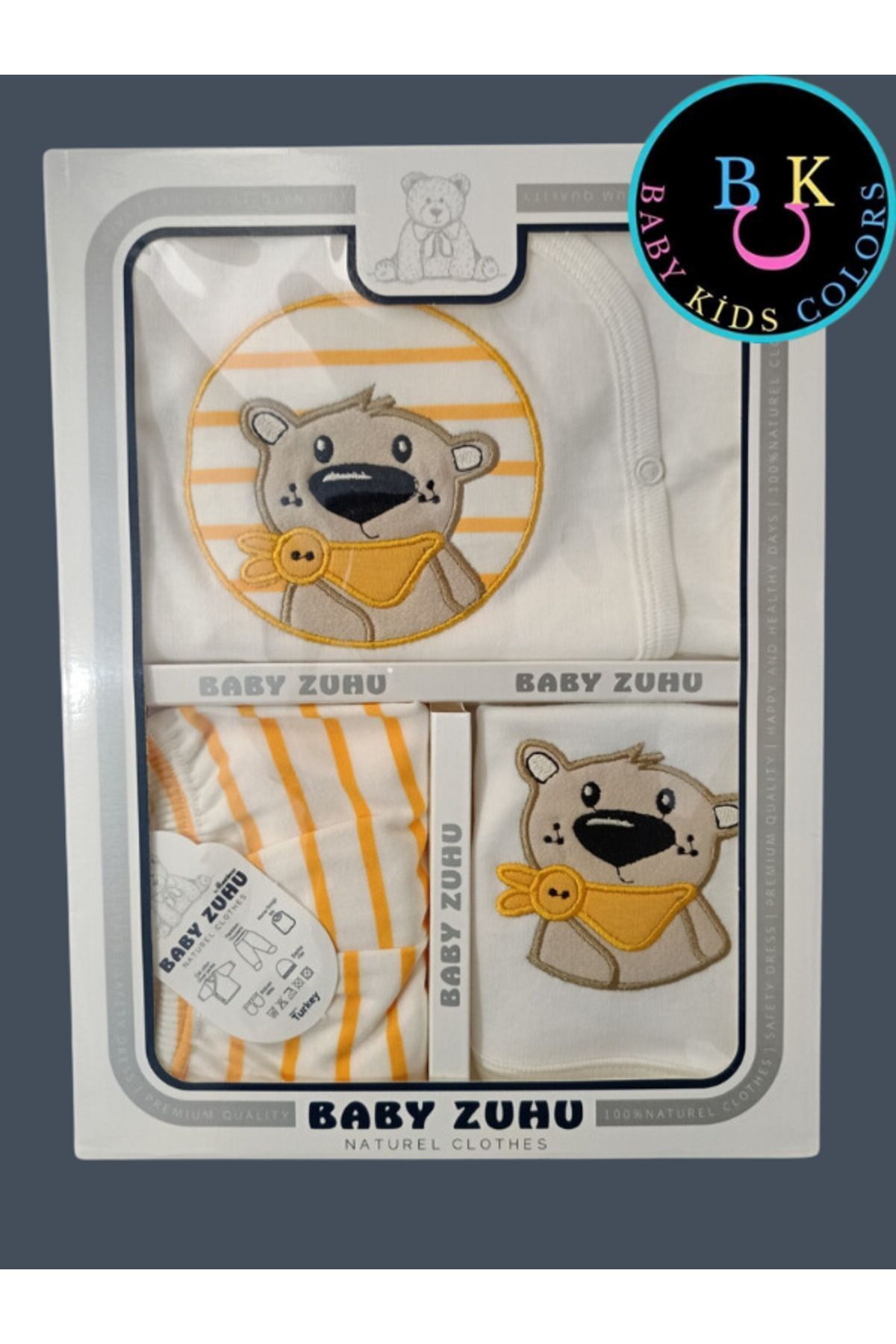 Florlu Ayı Nakışlı Organik Anti Bakteriyel Yeni Doğan Hastane Çıkış Zıbın Seti Yeni Doğan - SARI