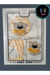 Florlu Ayı Nakışlı Organik Anti Bakteriyel Yeni Doğan Hastane Çıkış Zıbın Seti Yeni Doğan - SARI