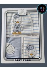 Ördek Nakışlı (KUTULU)  %100 Pamuklu Yeni doğan 5'li Hastane Çıkışı Yeni Doğan - MAVİ