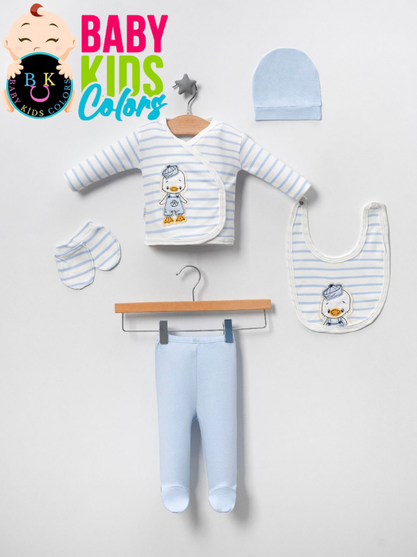 Ördek Nakışlı (KUTULU)  %100 Pamuklu Yeni doğan 5'li Hastane Çıkışı Yeni Doğan - MAVİ