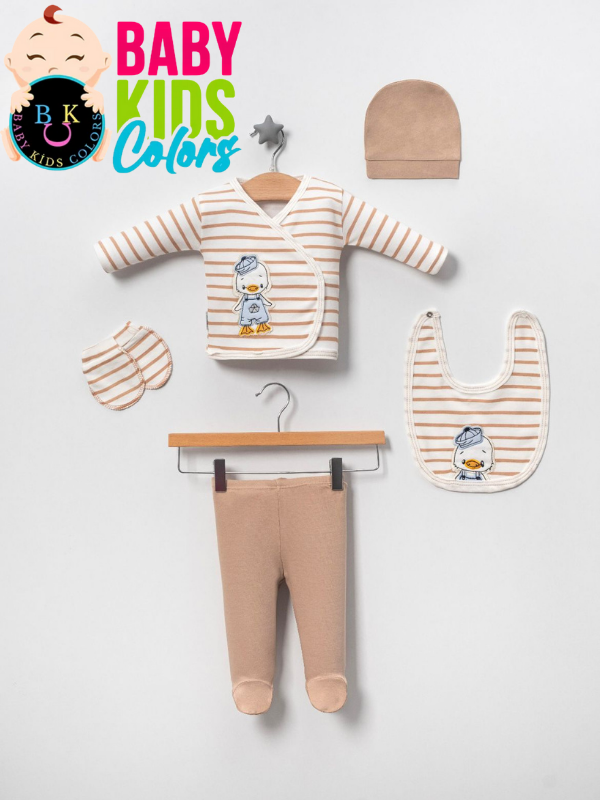 Ördek Nakışlı (KUTULU)  %100 Pamuklu Yeni doğan 5'li Hastane Çıkışı Yeni Doğan - KAHVERENGİ