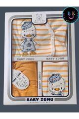 Ördek Nakışlı (KUTULU)  %100 Pamuklu Yeni doğan 5'li Hastane Çıkışı Yeni Doğan - SARI