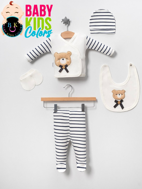 Lüks Ayıcık Yeni Doğan Hastane Çıkış 5'li Zıbın Seti Kutulu Yeni Doğan - LACİVERT ÇİZGİLİ