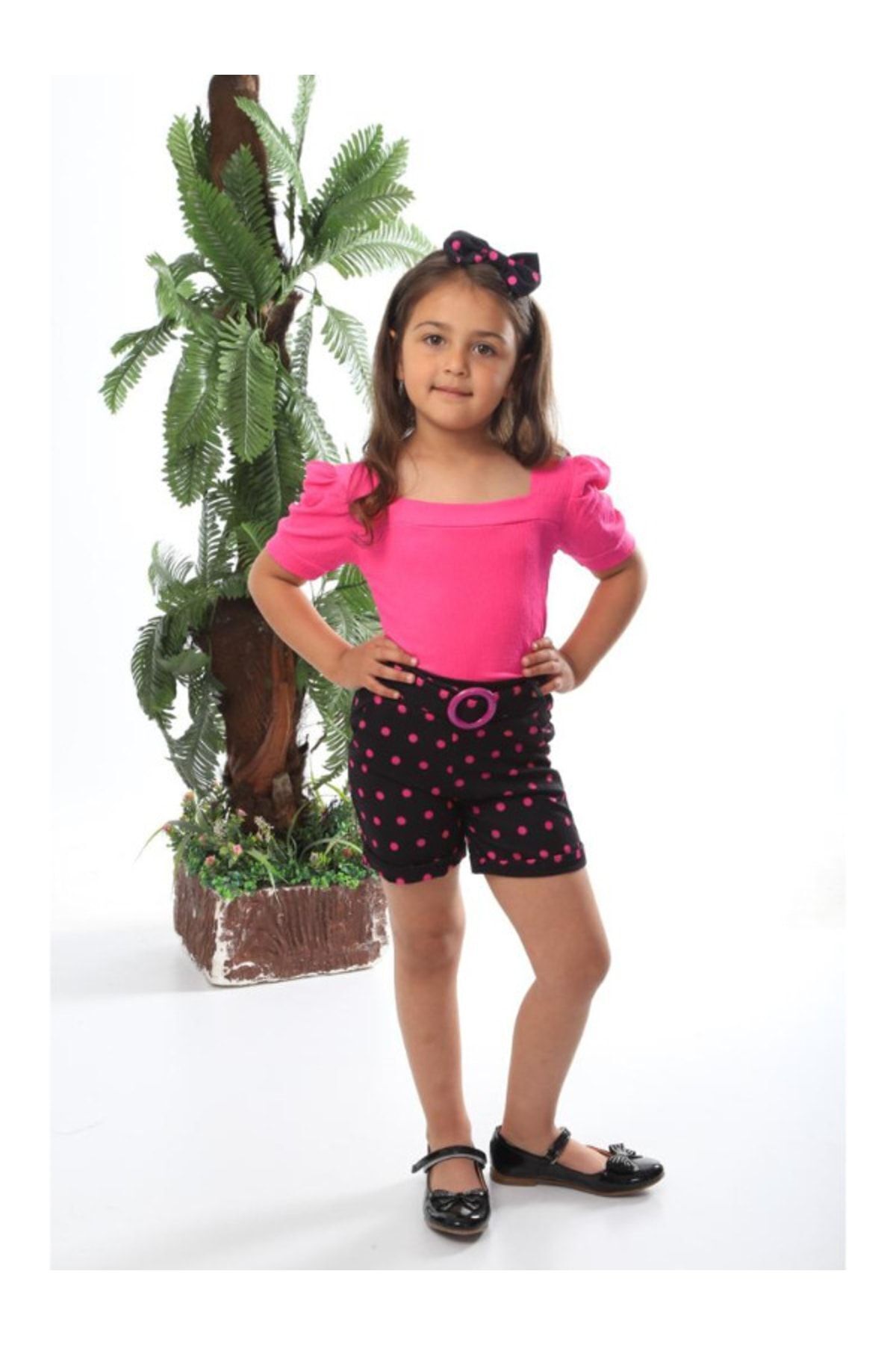 Baskılı Şortlu Double Face Puantiyeli Üçlü Takım 4-5 Yaş - FUŞYA