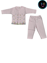 Çiçek nakışlı kız ikili takım fitilli kumaş 3-6 Ay - Pembe