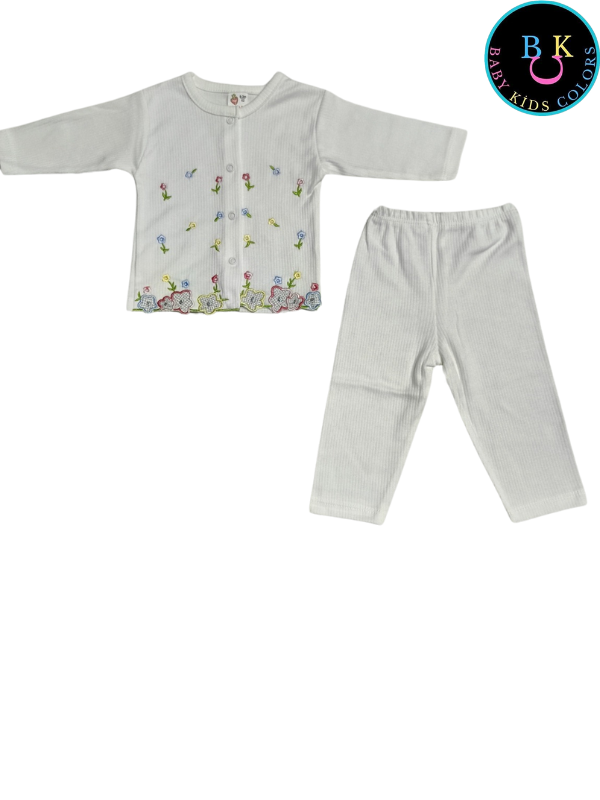 Çiçek nakışlı kız ikili takım fitilli kumaş 3-6 Ay - Ekru