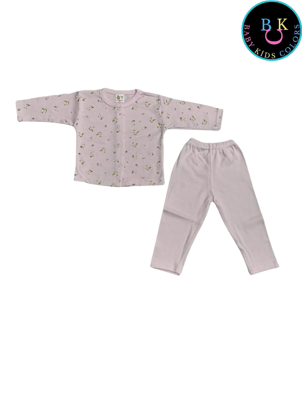 Çiçek nakışlı kız ikili takım fitilli kumaş 0-6 Ay - Pembe