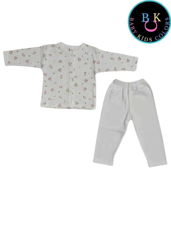 Çiçek nakışlı kız ikili takım fitilli kumaş 0-3 Ay - Ekru