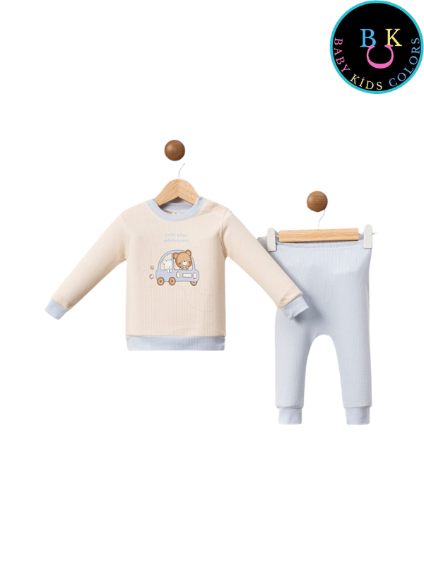 Araba baskılı fitilli kumaş ikili takım 0-3 Ay - Mavi