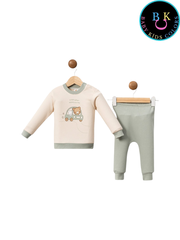 Araba baskılı fitilli kumaş ikili takım 0-6 Ay - Yeşil