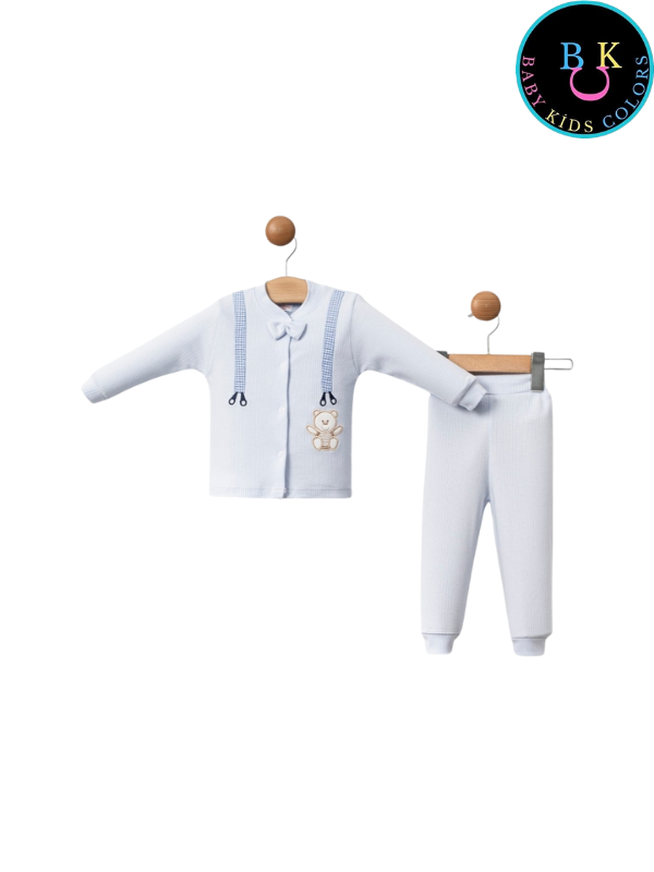 Papyonlu slopet nakışlı fitilli kumaş ikili takım 0-6 Ay - Mavi