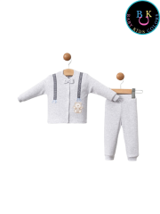 Papyonlu slopet nakışlı fitilli kumaş ikili takım 0-3 Ay - Gri