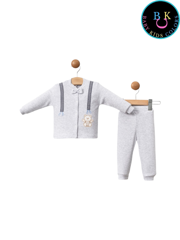 Papyonlu slopet nakışlı fitilli kumaş ikili takım 0-6 Ay - Gri