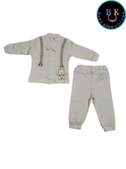 Papyonlu slopet nakışlı fitilli kumaş ikili takım 0-3 Ay - Kahverengi