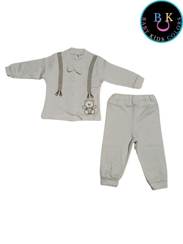 Papyonlu slopet nakışlı fitilli kumaş ikili takım 0-6 Ay - Kahverengi