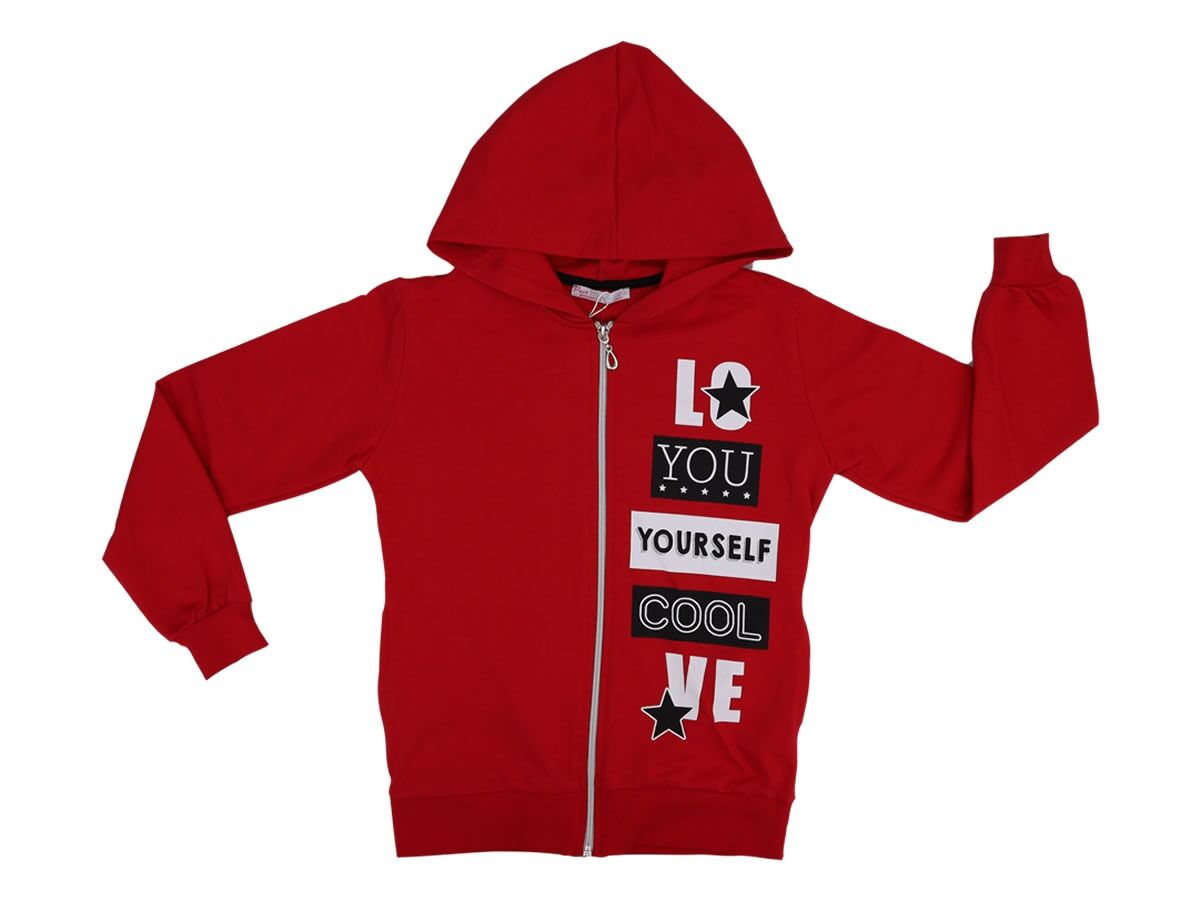 Kapüşonlu Fermuar Kapamalı Baskılı Çocuk Hırkası 12 Yaş - KIRMIZI