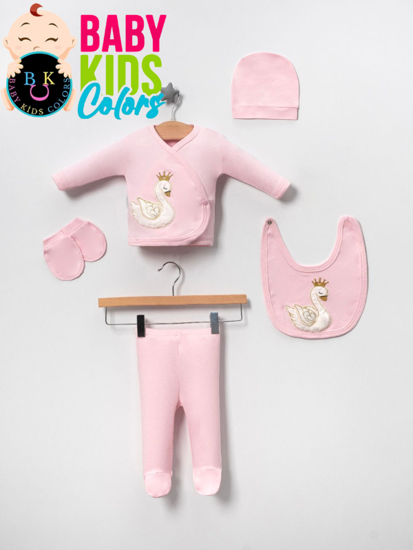 Lüks Kuğu Yeni Doğan Hastane Çıkış 5'li Zıbın Seti (KUTULU) Pembe