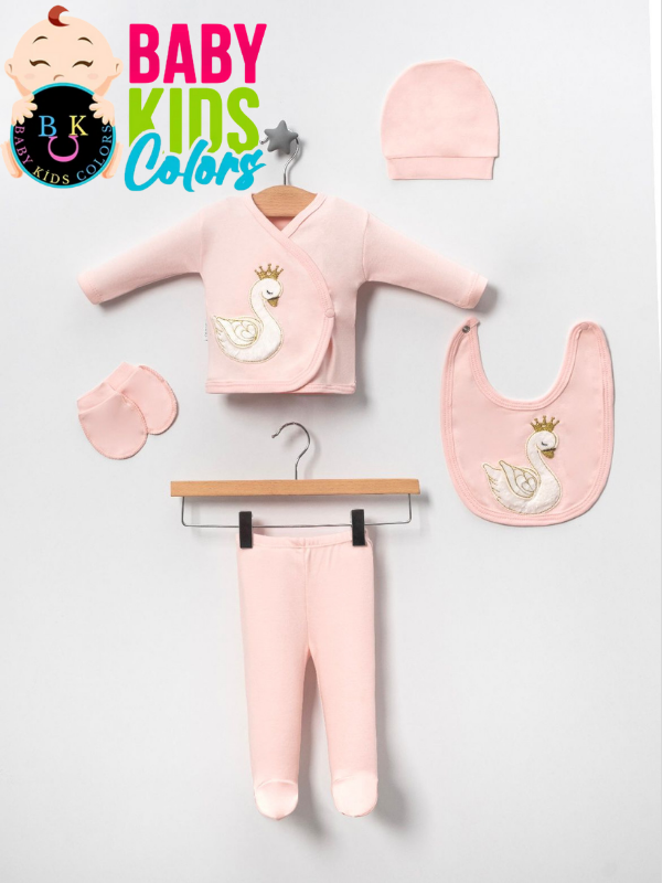 Lüks Kuğu Yeni Doğan Hastane Çıkış 5'li Zıbın Seti (KUTULU) Somon