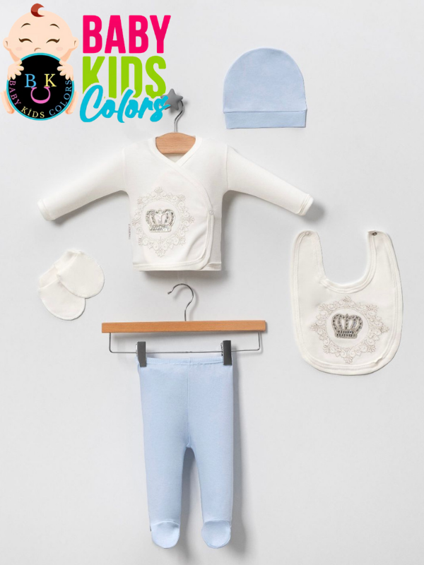 Lüks Taşlı Yeni Doğan Hastane Çıkış 5'li Zıbın Seti (KUTULU) Mavi