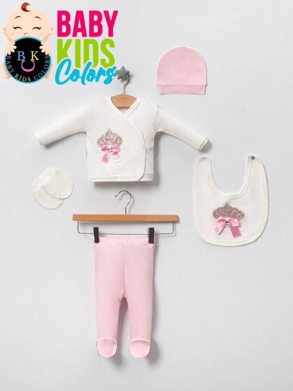 Lüks Taşlı Yeni Doğan Hastane Çıkış 5'li Zıbın Seti (KUTULU) Pembe