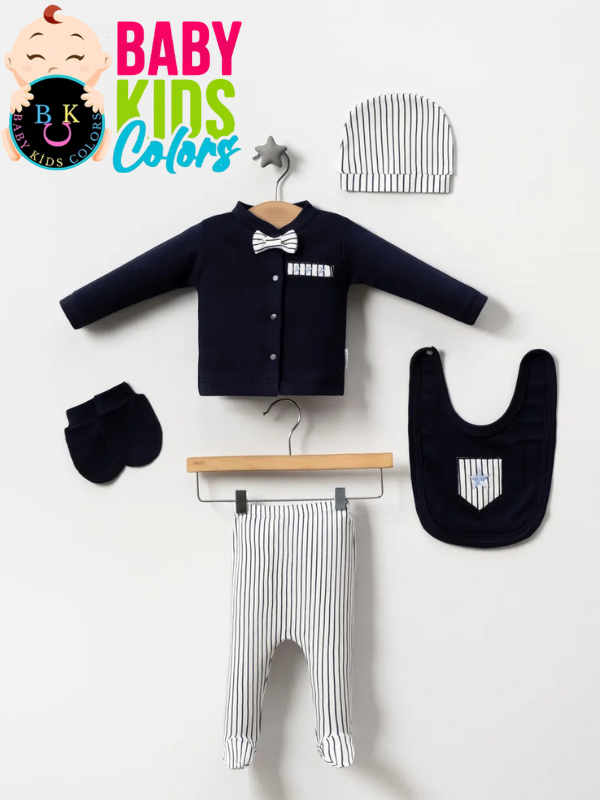 Lüks Papyonlu Çizgili Yeni Doğan Hastane Çıkış 5'li Zıbın Seti (KUTULU) Lacivert